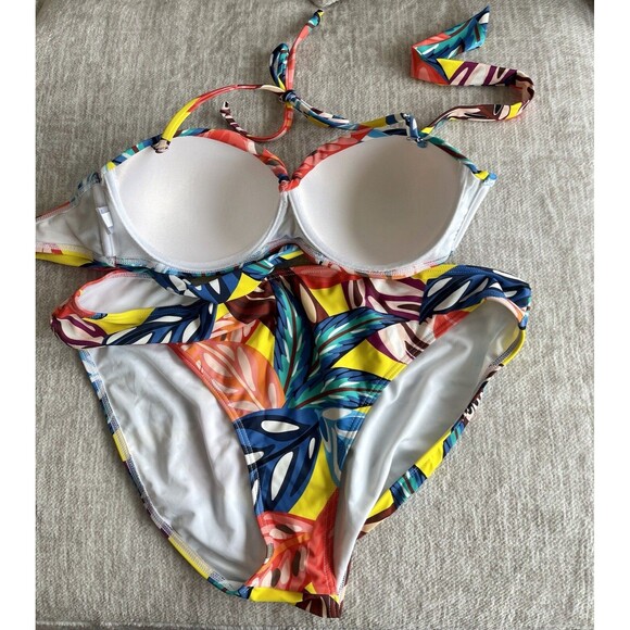 Venus Bright Yellow Floral High Rise Halter Push Up Bikini Size XL 16/Cup DD - Picture 4 of 5